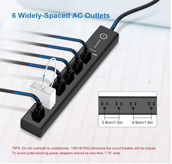 VASTFAFA 6-Outlet Surge Protector Power Strip with 2 Fast Charging USB 